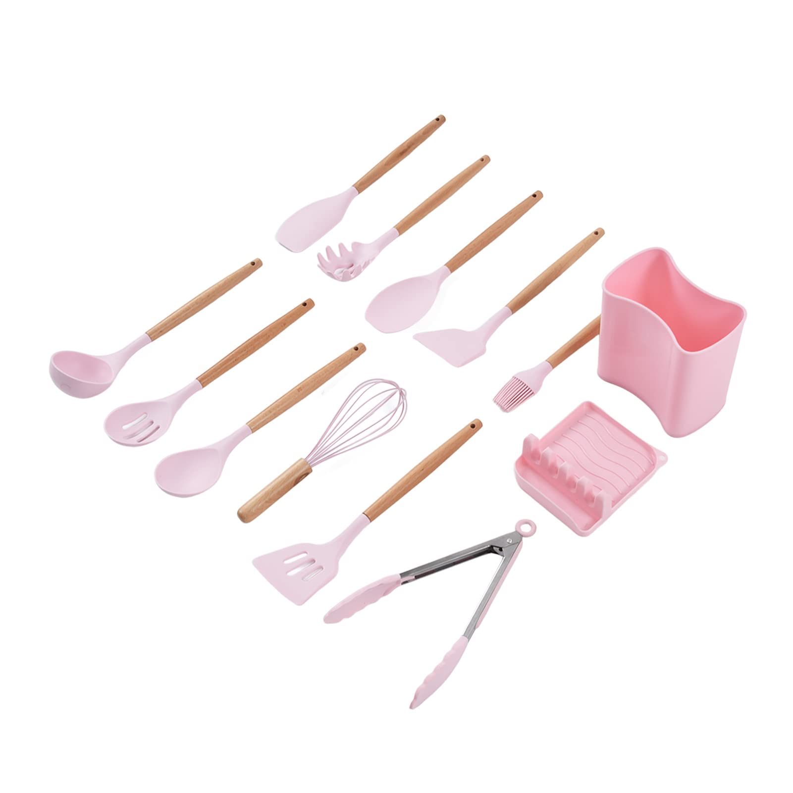13-teiliges Silikon-Kochutensilien-Set, antihaftbeschichtete Kochutensilien mit Holzgriff, lebensmittelechtes Silikon-Küchenwerkzeug-Set mit Aufbewahrungsregal und Eimer für