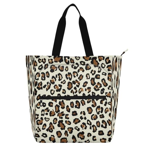 Leopard Print Book Tote Bag,Large Capacity Handbag with Zipper Perfect for School,Travel,Shopping