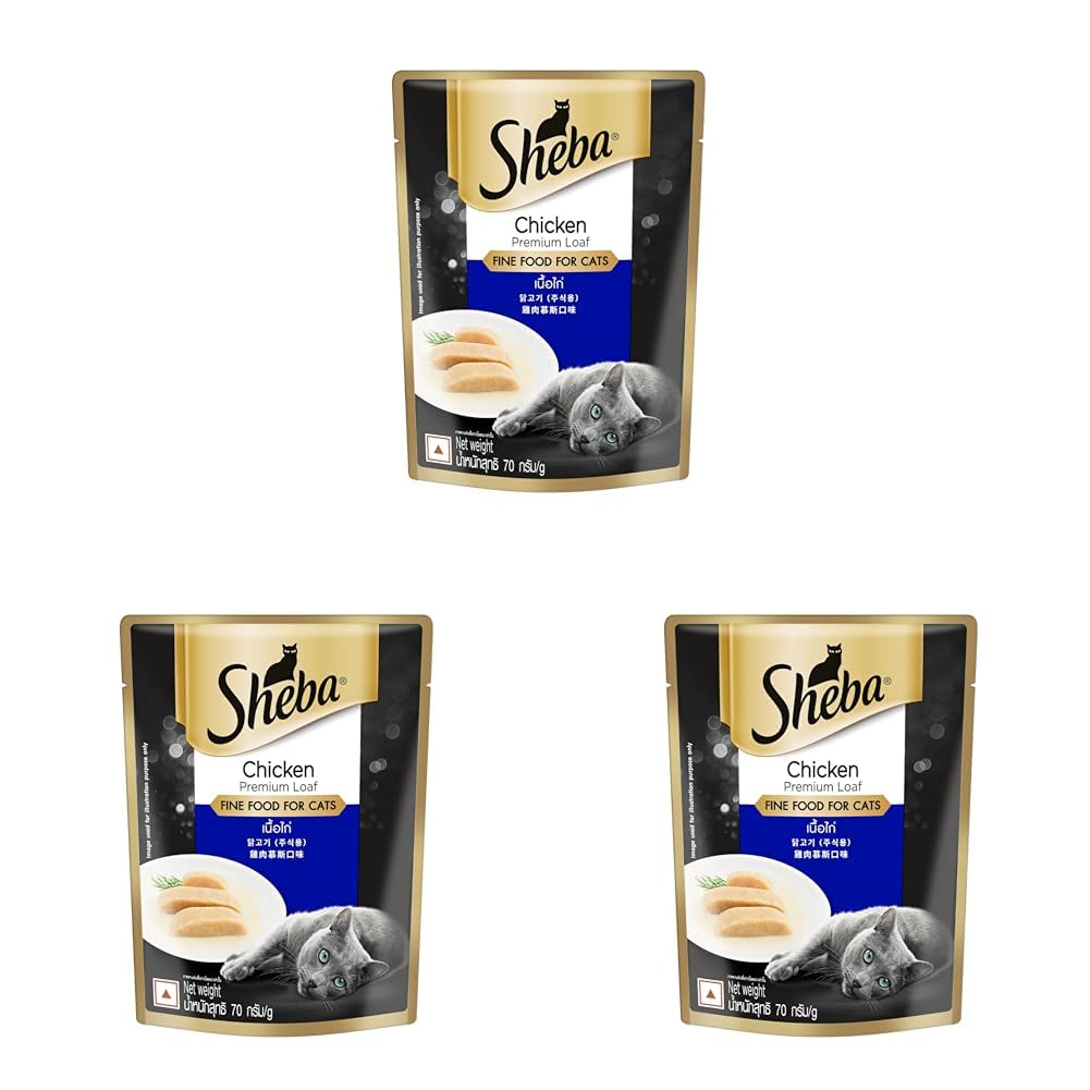 Sheba Fine Premium Adult (1+ Years) Wet Cat Food, Chicken Premium Loaf, 70 g Pouch, High-Moisture Gravy cat Food for Healthy Hydration (Pack of 3)