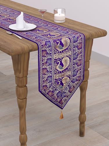 Image of Banarasi Brocade Zari Silk Table Runner Dinning & Centre Table Runner 177 By 30 CM (Purple, Peacock)