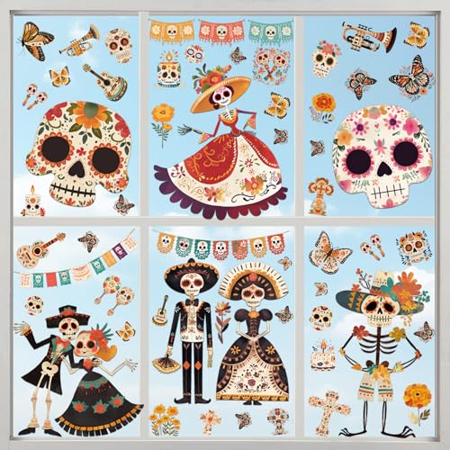 Image of Halloween Window Clings for Glass Windows, Dia de Los Muertos Decorations | 9 Sheets Day Of The Dead Window Stickers, Mexican Fiesta Holiday Party Decor Indoor with Sugar Skull, Skeleton Musical Decals