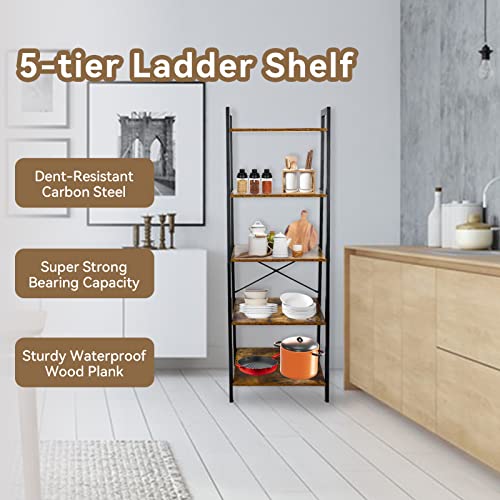 No More Tag Ladder Bookshelf, 5-Tier Ladder Shelves, Ladder Bookcase Plant Stand Rack, Utility Organizer Shelves Display Rack, Free Standing Industrial Style Bookcase For Kitchen, Home Office, Balcony #TOP4