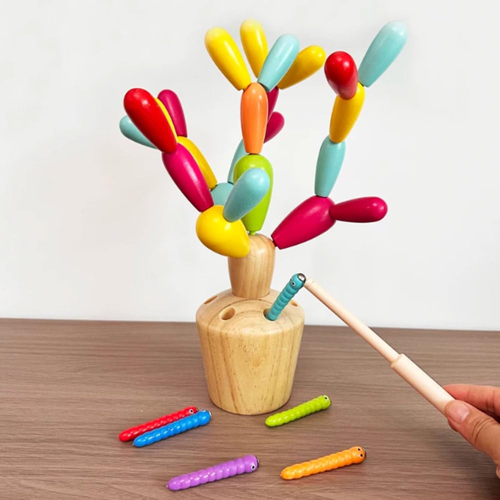 Montessori 2-in-1 Holz Kaktus Stapel- und Insektensammelspiel | Buntes Steckspielzeug-Puzzle, Kleinkind Feinmotorik Hand-Auge-Koordination Lehrreiches Bau-Spielzeug