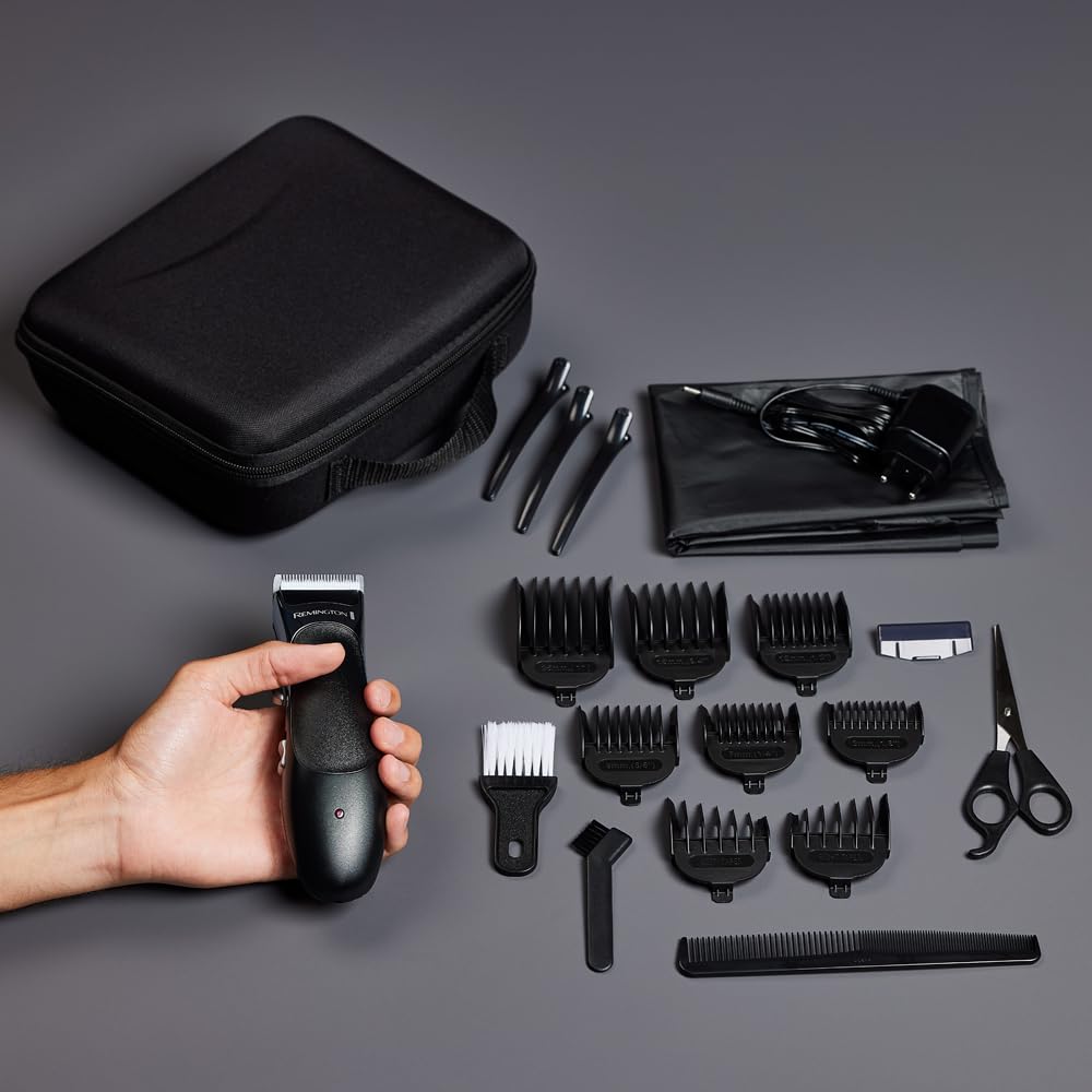 Remington Tondeuse Cheveux [Kit Coiffeur Professionnel] Stylist Noir & Argent (Lames Céramique Auto-Affûtées, Secteur/Sans fil-Batterie Lithium, 8 Sabots, Mallette pro + accessoires) Tondeuse HC363C