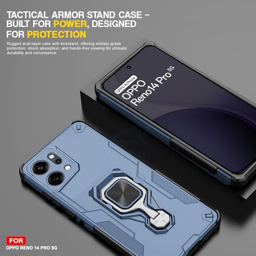 Image of AESTMO Armor Back Cover for Oppo Reno 14 Pro 5G | Ring Holder & Kickstand & Camera Protection in-Built | 360 Degree Protection Back Case Cover (Blue)