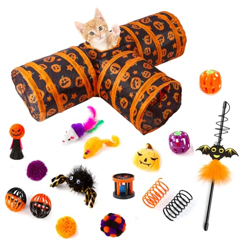 17 Pcs Halloween Cat Toys for Indoor Cats Collapsible 3 Way Cat Tunnel Interactive Feather Teaser Wand Ball Toy for Kitten Cats (17pcs-3 Way)