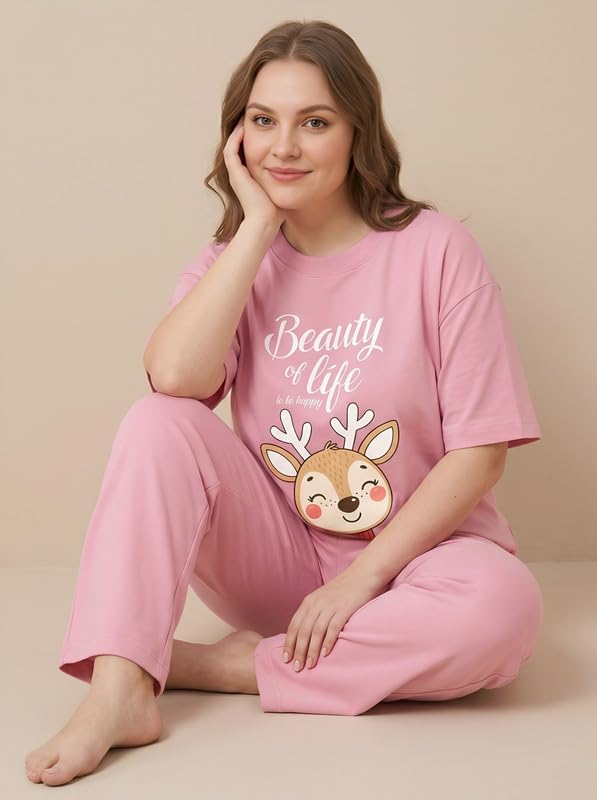 Image of My Swag Womens Cotton Printed Nightsuit Set |T-Shirt & Pajama Pants | Soft Breathable Sleepwear and Loungewear for Women