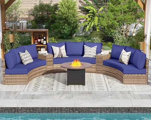 PaPaJet 11-Piece Patio Furniture Set, Half-Moon Outdoor Wicker Sectional Sofa with Large Storage Wedge Table, All-Weather Wicker Conversation Set for Backyard, Garden, or Deck, Blue