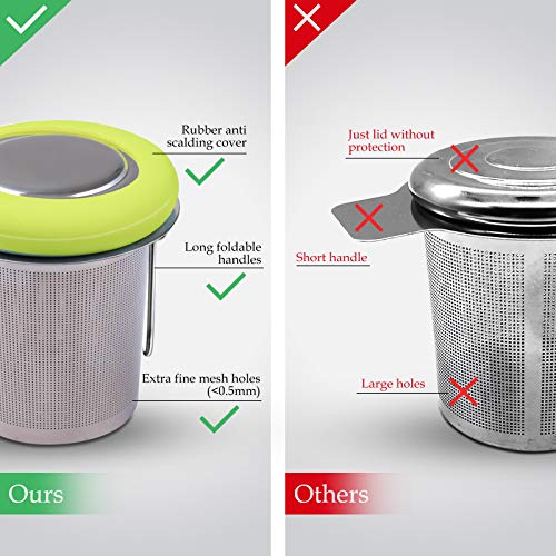 Fenshine Tea Infuser Stainless Steel Tea Strainer Folding Handle Tea Filter Extra Fine Mesh Strainer Brewing Basket with Lid for Loose Leaf Tea (Green) - Thumbnail 3