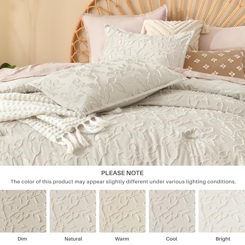 Image of Litanika Super King Plus Comforter Set Beige, 3 Piece Boho Tufted Bedding, Fluffy Farmhouse Bed Set for All Season with 2 Leaf Pattern Pillowcases(128x120In)