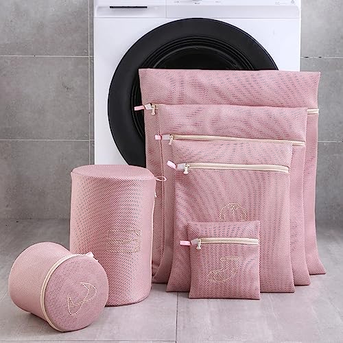 Image of Lukzer 6PC Fine Mesh Laundry Bag for Delicates with Premium Zipper Clothes Travel Storage Organizer Double Layer Thicken Wash Bag for Washing machine (Pink)
