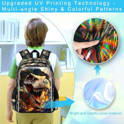Image of HPJGD 3PCS Dinosaur Kids Bookbag, Water Resistant Boys School Bag Set with Lunch Box, Cool Backpack for Elementary Preschool Toddler - Wall-Breaking T-Rex