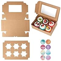 20 Stück Cupcake-Halter für Süßigkeiten aus Karton, 6 integrierte Halterungen quadratische Papierschachteln, Verpackungsboxen, mit 20 Cupcake-Aufklebern, für Gebäck, Kekse (braunes Kraftpapier)