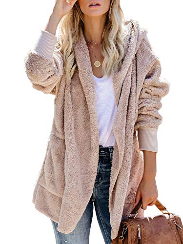 Saodimallsu Womens Sherpa Coat Faux Fur Open Front Fuzzy Warm Winter Cardigan Hoodie Jackets with Pockets (Small