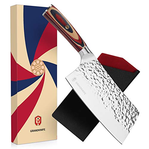 GRANDKNIFE Cleaver Knife 7 inch Vegetable Cleaver Kitchen Knife for Meat Cutting High Carbon Stainless Steel Pakkawood Handle with Mosaic Pin Hammered Forged Chef Knife…