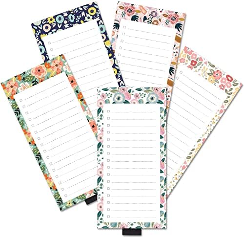 Three Oaks 5 Pack Scandi Minimalist Vintage Floral Magnetic Notepads with Pen Holder 50sheets Per Pad 3.3''x7'' for Fridge,Shopping List Grocery List,to do List,Memo,Remider,Note,Recipes