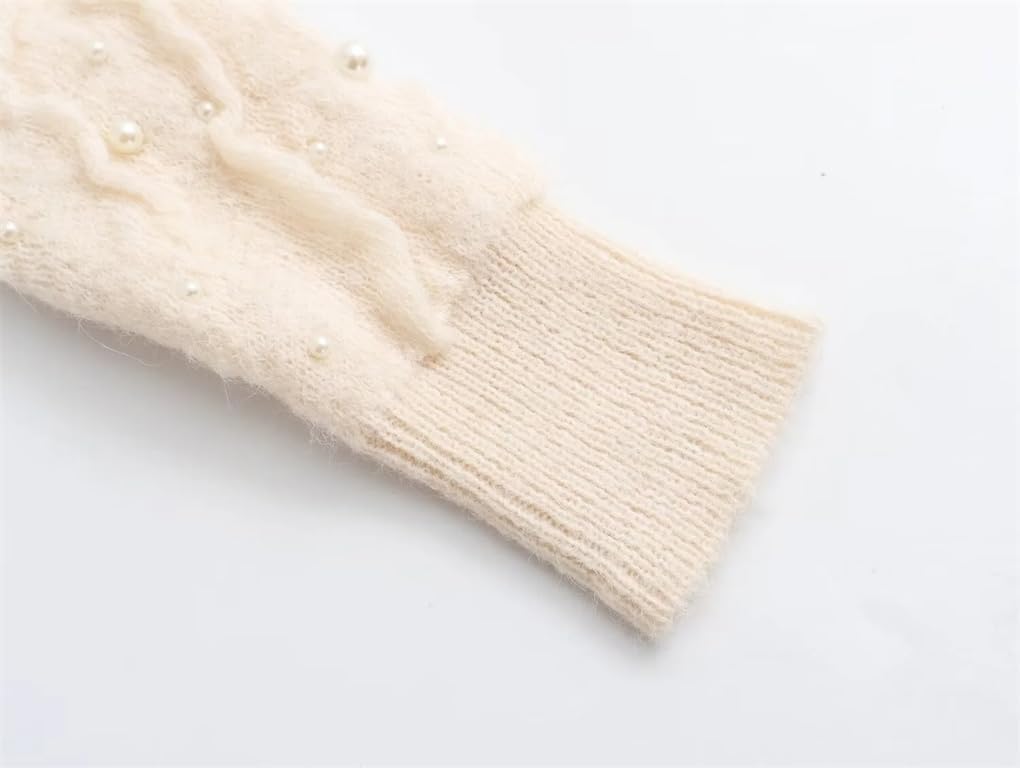 Women Arrival Gentle Style Heavy Sweater Beadwork Decoration V-Neck Textured Long-Sleeved Knitted Sweater