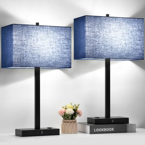 Image of Lynnoland 21 inch Set of 2 Bedside lamp with USB A+C & AC Outlets, Touch Control 3-Way Dimmable Nightstand Lamps for Bedroom Living Room Office Reading, Blue Shade Touch Lamps, 5000K LED Bulbs Included