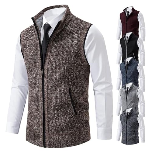 Men's Sweater Vest Knitted Classic Sleeveless Full Zip Turn-Down Cardigan Knit Waistcoat 5