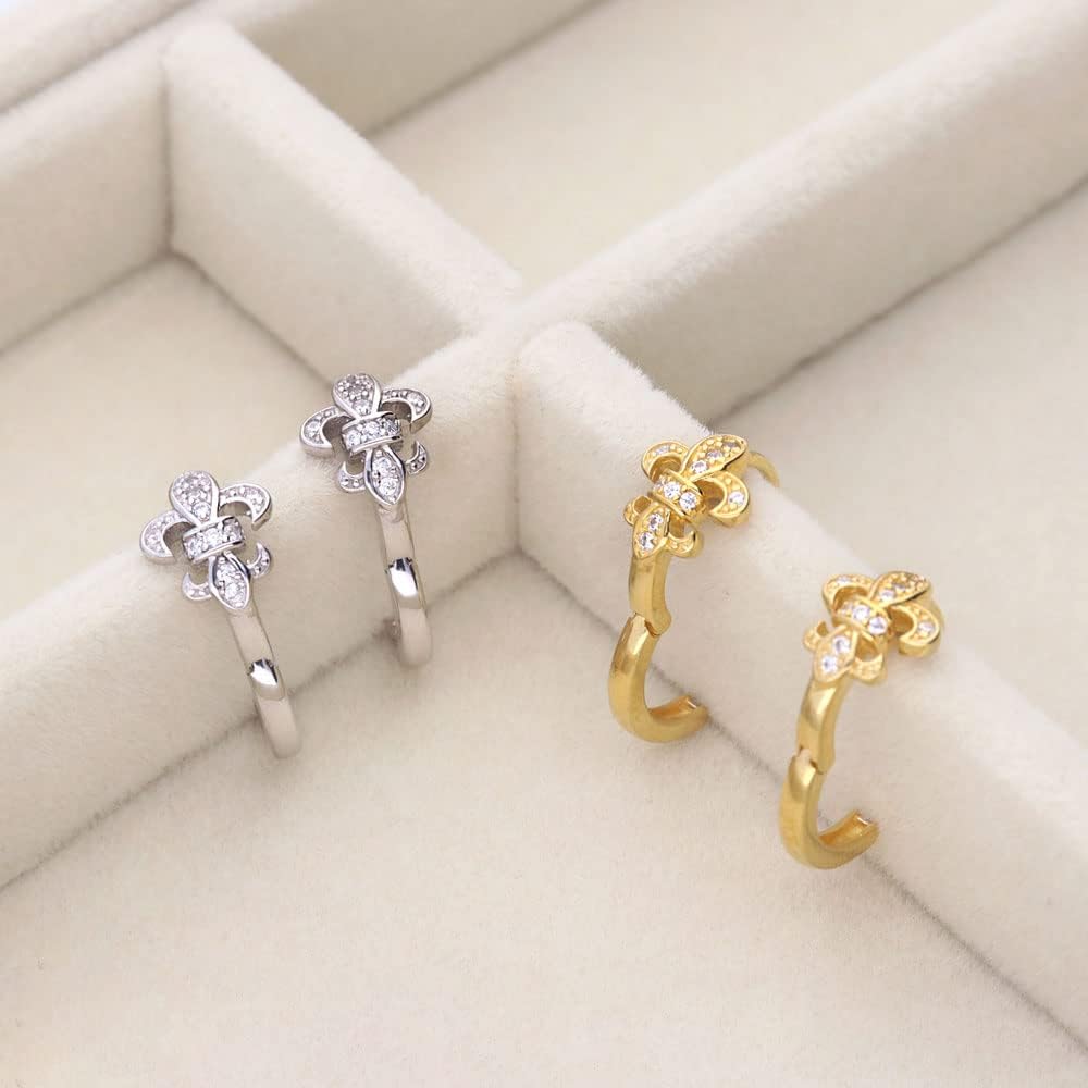BERRICLE Sterling Silver Fleur De Lis Stud Hoop Huggie Earrings for Women, Cubic Zirconia CZ - Gold Flashed, Hoop 0.5 inch