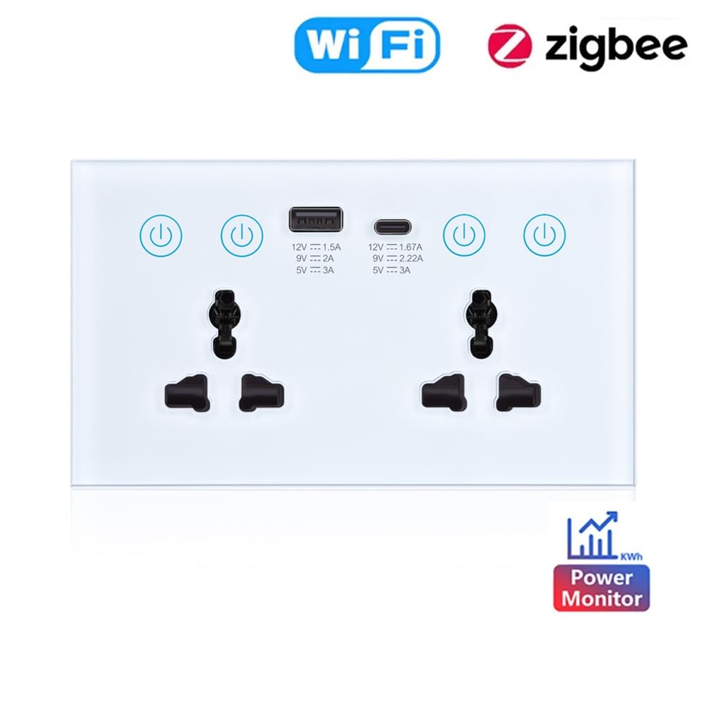 Prise Universelle UE/UK/US Tuya WiFi Noire avec Interrupteur Intelligent et Port USB et Type-C Smart Life