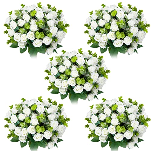6 Packs Artificial Flowers Rose Bouquets UV Resistant Fake Plants Artificial Mini Rose and Eucalyptus Flower Bouquets Fake Flowers Outdoor for Wedding Home Party Table Centerpieces Garden Porch Decor