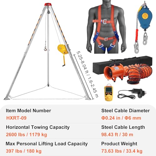 Image of VEVOR Confined Space Tripod Kit, 2600 lbs Winch, Confined Space Tripod 8' Legs and 98' Cable, Confined Space Rescue Tripod 32.8' Fall Protection, Harness, Blower, Gas detector
