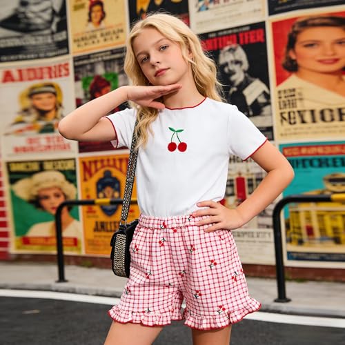 Image of Yoxindax Tween Girls Summer 2-Piece Outfit Set - Crew Neck Short Sleeve T-Cherry Print Shorts 7-14Y Summer Clothes
