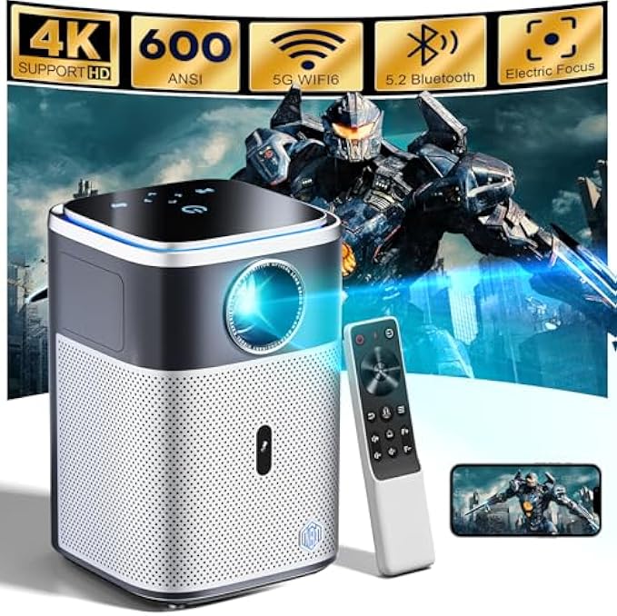Projector with Wifi and Bluetooth, 4K Projector Support Full HD 1080P Video Projector, 600ANSI Movie Projector, Auto 6D Keystone&Zoom,400" Max Bild Compatible with Android/iOS/Laptop/HDMI/USB(Black)