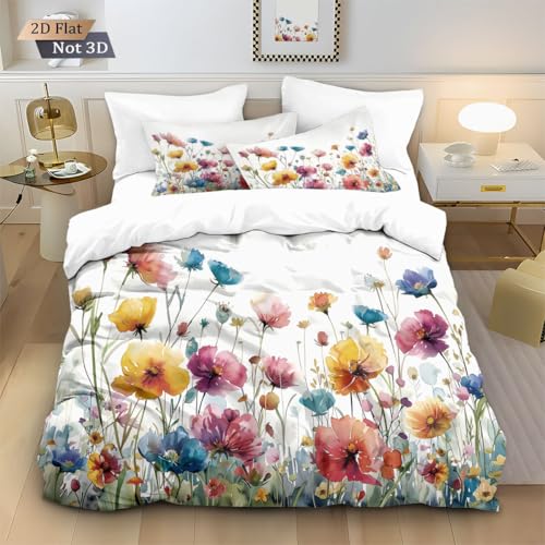 Housse De Couette 200x200cm Housse De Couette Coquelicots colorés,Enfants Adulte Microfibre 2D Imprimé Parure de Lit avec Fermeture Éclair et 2 Taies...