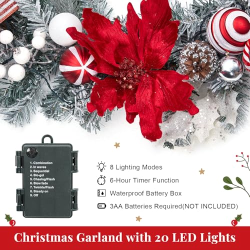 GarveeHome 6 Ft Pre-Lit Christmas Garland with Lights, Battery Operated Xmas Garland with 20 Lights Ball Ornaments Ribbons Bows for Mantle Table Centerpiece Indoor Outdoor Home Decor, Red and White
