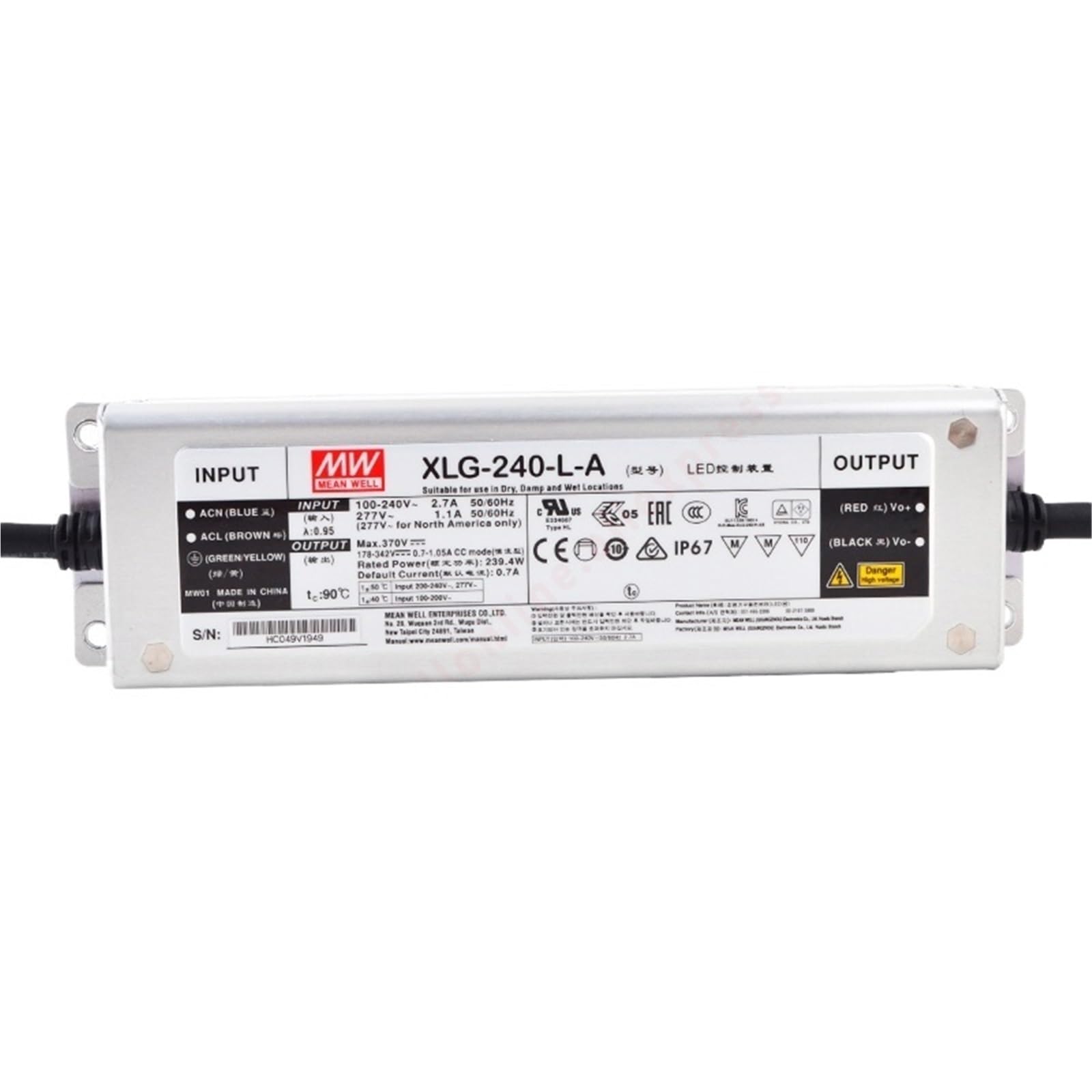 Fcarumiqp Xlg-240-L-A-240W Xlg-240-L-A Ip67 ， 700-1050Ma/178-342V/240W Constant Power Led Driver