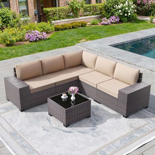 Image of 6 PCS Outdoor Patio Furniture Set,Outdoor Sectional Furniture All Weather PE Rattan Wicker Patio Conversation Set with Coffee Table and 5 Thickened Cushions,Sand