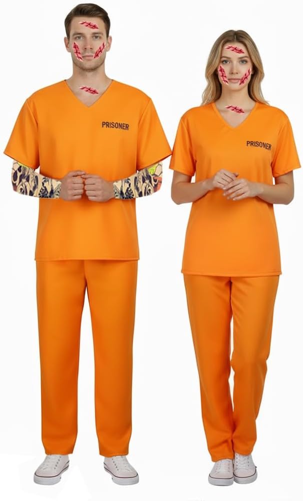 Mltao Orange Prisoner Uniform Jumpsuit 6Pcs Set with Balaclava Shirt Pants Sleeves Adult Teens Halloween Jail Criminal Outfit - Image 8