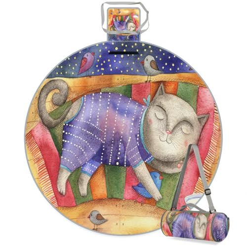 Shimoshe Vintage Cat Picnic Outdoor Blanket Foldable Waterproof Sandproof Beach Blanket Portable Water-Resistant Round Picnic Mat for Travel Camping Park Lawn