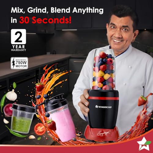 Image of Wonderchef Nutri-Blend Turbo 750W Mixer Grinder Blender Smoothie Maker, 22000 RPM, 3 Jars, Stainless-Steel Blades, Sipper Jar & Lid, 2-Yr Warranty, FREE Recipe Book by Chef Sanjeev Kapoor, Black & Red