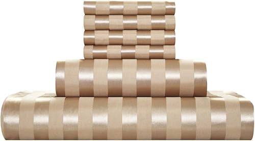 Miniatura 5 de AiMay Juego de sábanas de satén de 6 piezas estilo italiano con bolsillo profundo a rayas, súper suaves 1800 de lujo, 1 sábana encimera, 1 sábana