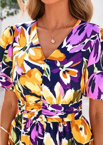 Image of PRETTYGARDEN Womes Boho Maxi Dresses 2026 Summer Spring V Neck Puff Sleeve Empire Waist A Line Flowy Long Beach Floral Dress