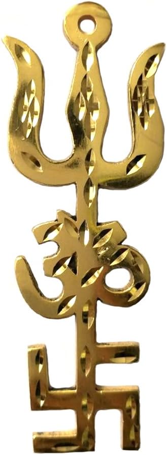 Divya Mantra Trishakti Yantra Trishul Om Swastika Decorative Spiritual Vastu Items Brass Indian Hindu Religious Wall Home Decor Kitchen Pooja Mandir Temple Hanging Good Luck Showpiece 4 Inch - Gold