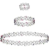 Expressions 3pc Assorted Tattoo Stretch Jewelry Collection - Black Tattoo Choker Necklace, Bracelet & Ring Set - Stretchy Tattoo Effect Jewelry Accessories For Kids And Adults