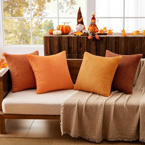 Image of MIULEE Boho Farmhouse Throw Pillow Covers 18x18 Inch Set of 4 Mordern Nordic Cushion Covers Soft Corduroy Home Decor for Couch Bed Sofa Living Room Orange Rust