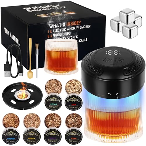 PDQROG Electric Whiskey Smoker Kit, Cocktail Smoker Kit with 6 Wood Chips & 2 Glasses & 4 Whiskey Stones, RGB LED Light Whiskey Gifts Birthday Gift for Man, Husband, Father, Whiskey Lovers, Black