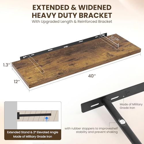Image of Dreamland 40 inch Floating Shelves for Wall, 12 inch Deep Slim Rustic Brown Floating Shelves, Wall-Mounted Shelves for Bedroom, Living Room, Kitchen, Bathroom - Set of 2