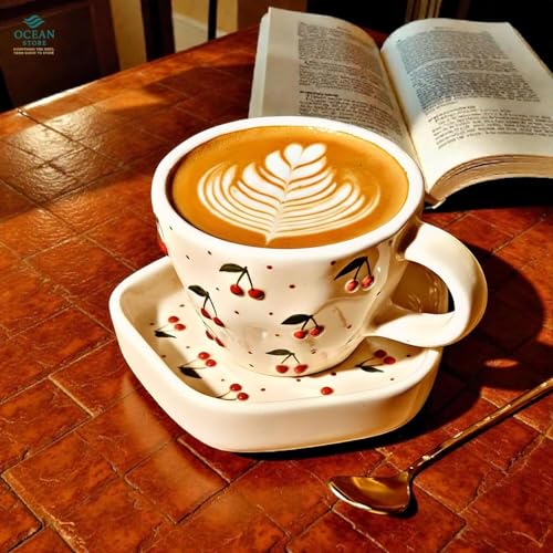 Image of OCEAN STORE Ceramic Cherry Print Tea Cup with Saucer 250 ml | Aesthetic Coffee Cup Set | Cute Printed Ceramic Mug | Glossy Finish Cup for Home, Office & Cafe (4)