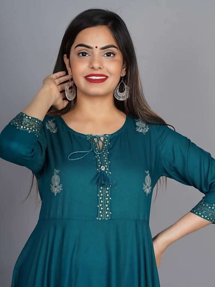 Image of Women's Rayon Golden Flroal Printed Anarkali Kurti