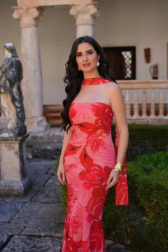 Image of Women Strapless Floral Dress with Sarf Mesh Tube Maxi Dress Summer Cocktail Wedding Guest