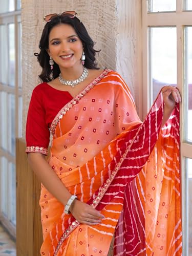 Image of SIRIL Women's Georgette Bandhani Printed Saree With Unstitched Blouse Piece