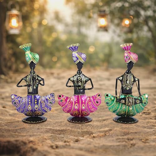 Image of CraftVatika Handmade Metal Iron Sitting Musician Set of 3 Playing Musical Instrument Idol Handpainted Figurine Showpiece for Home Decor, Multicolor (9 Inches Height)