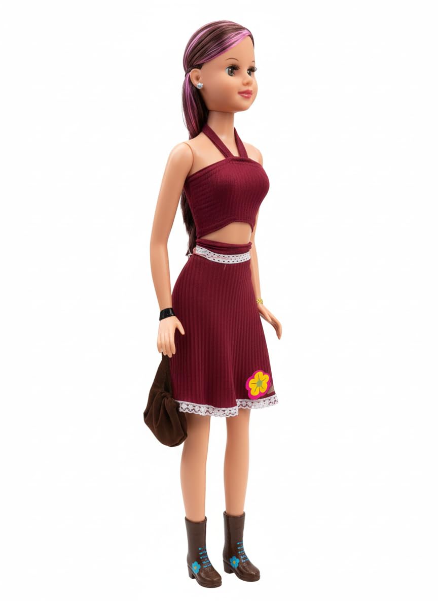 TAPANIYA ENTERPRISE Miss World Collection: Premium 24 inch Fashion Doll with Maroon Halter Dress and Purple Streaked Hair β Includes Trendy Brown Boots & Matching Purse for Kids 2