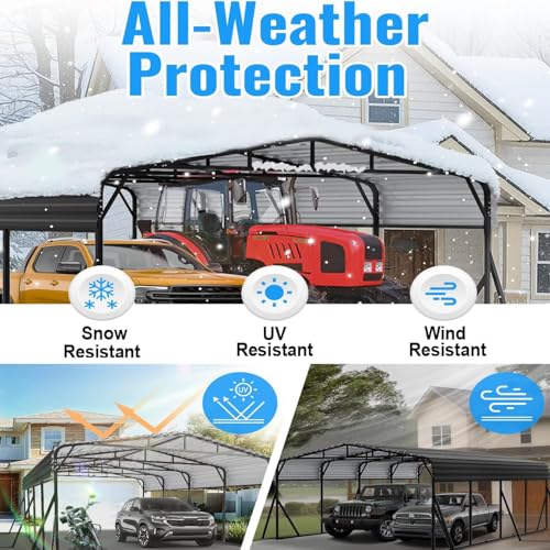 Image of 10x15FT Metal Carport, Heavy Duty Carport with Reinforced Frame & Side Support Poles for All-Weather, Outdoor Car Port Suitable for Parking Pickup, Boat, Car, and Tractor